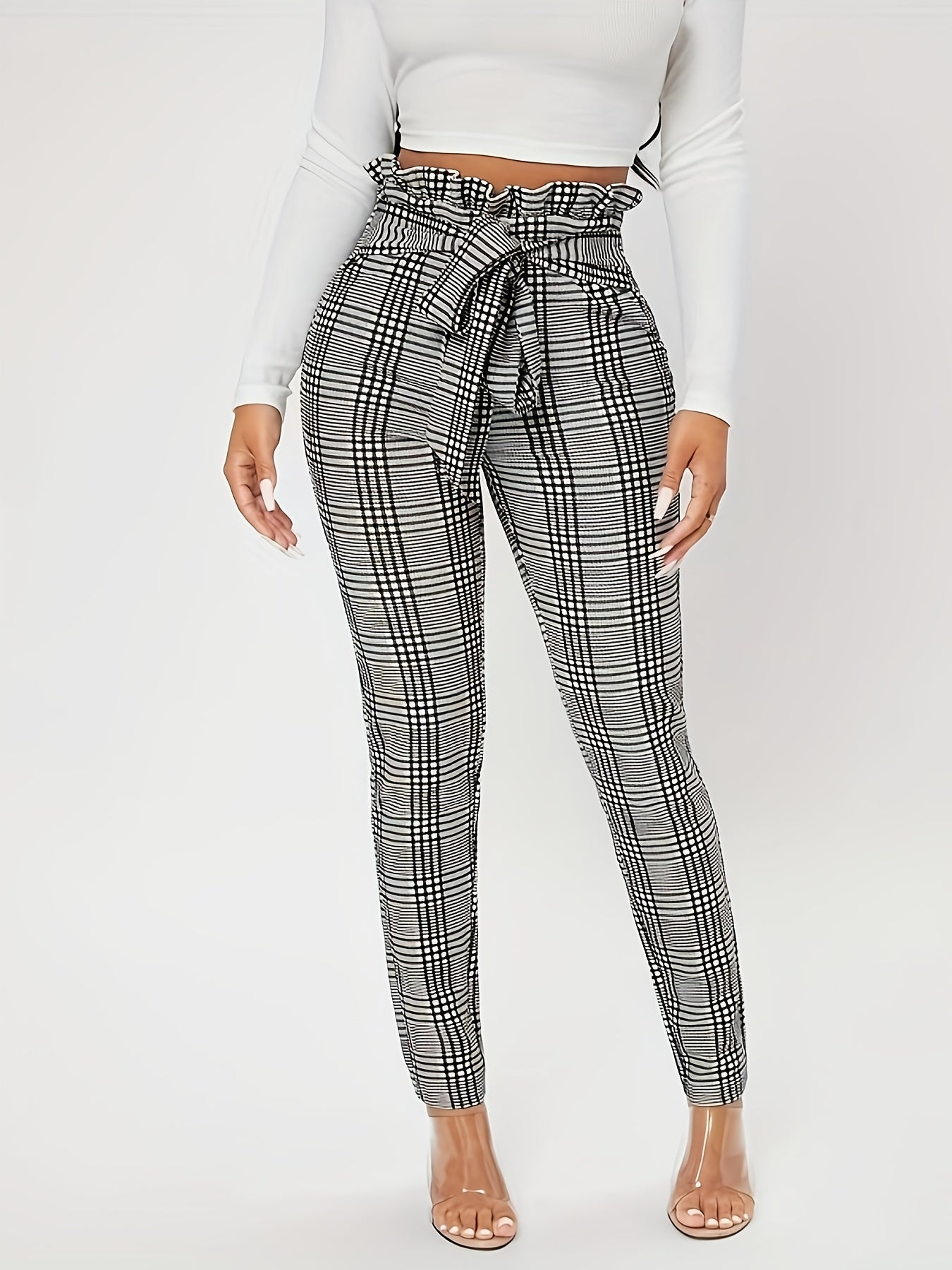 Women's Vintage-Inspired Stretch Slim Pants - Black & White Plaid, High-Waisted with Tie Belt, Polyester, Machine Washable - Perfect for Spring/Fall